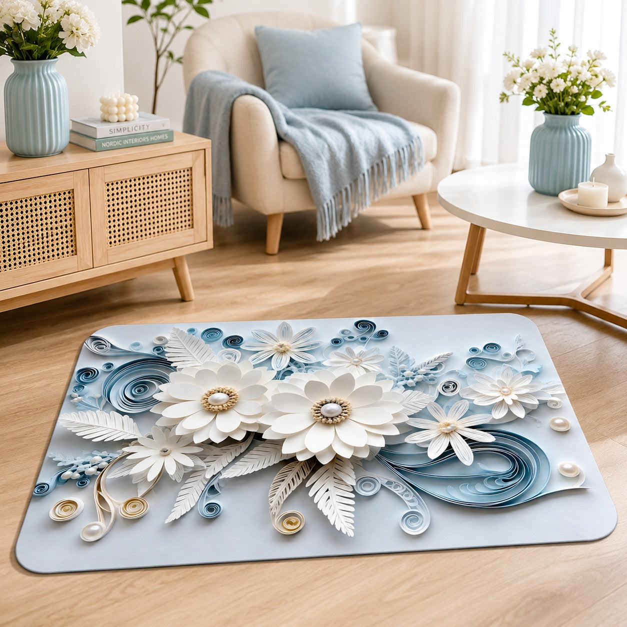 3D Floral Quilling Style Anti-Slip Doormat – Elegant Non-Slip Floor Mat for Room & Bathroom Entrance