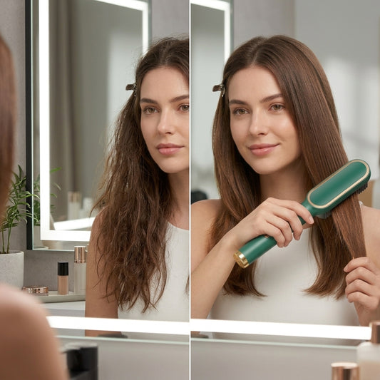 2-in-1 Ionic Hair Straightener Brush – Anti-Scald Electric Heating Comb with Adjustable Temp Settings (Green & Gold)