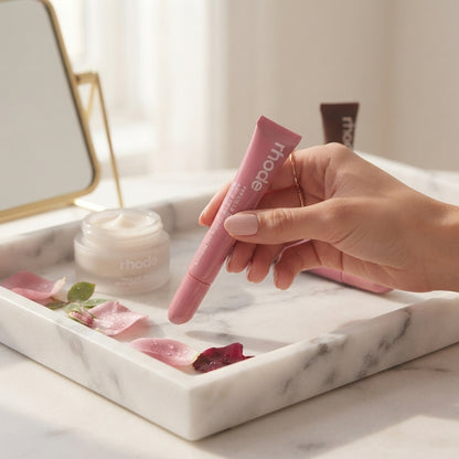 Nourishing Peptide Lip Tint Set with a glossy wash of color and deep hydration.